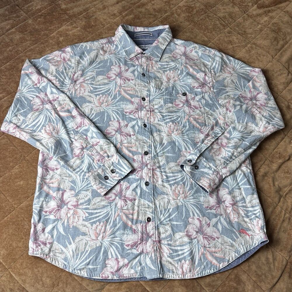 Tommy Bahama Canyon Beach Flannel Mens XL Tropical Floral Hibiscus Blue Pink